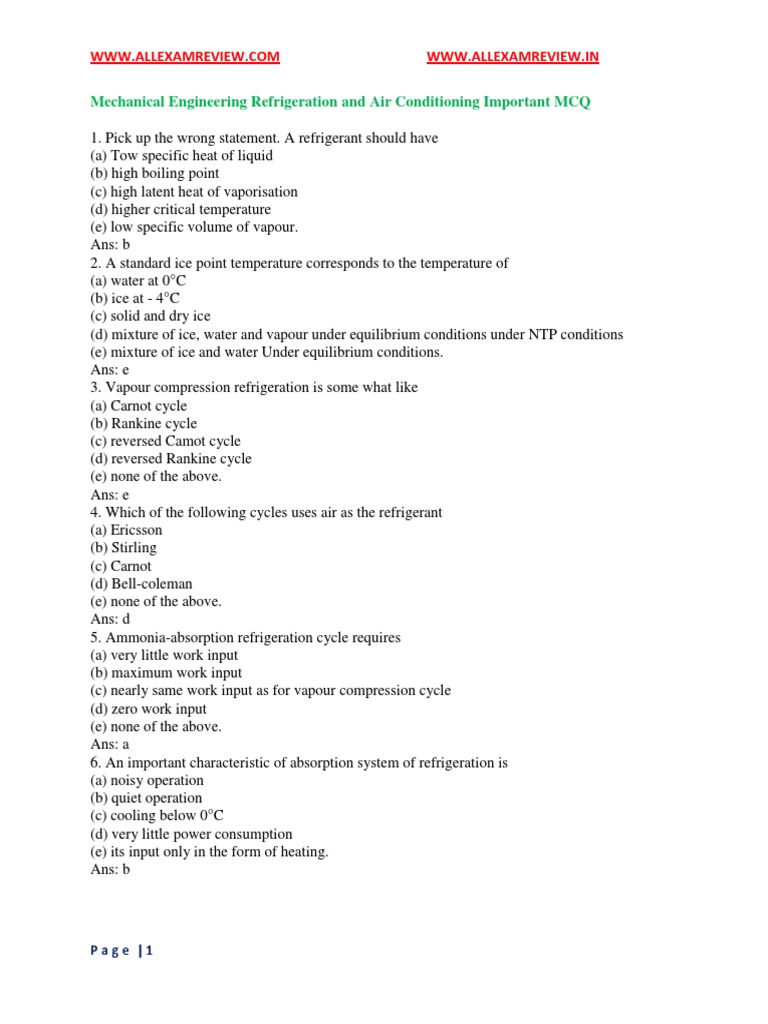 Mechanical Engineering Refrigeration and Air Conditioning Important MCQ