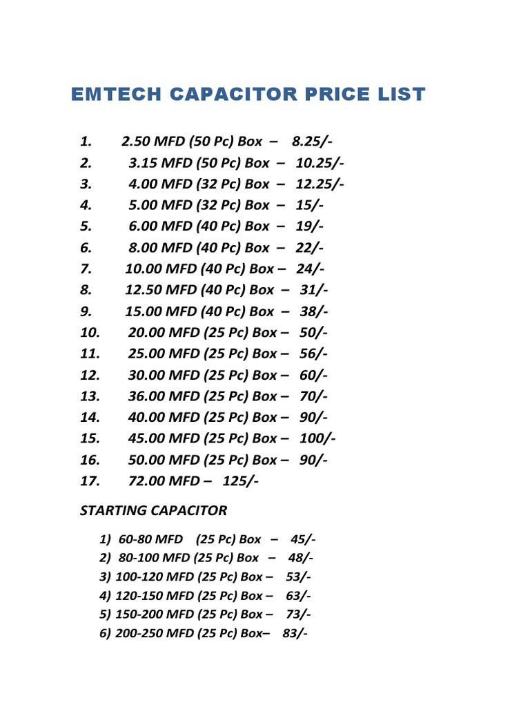 EMTECH Capacitor Price List 2025 | PDF