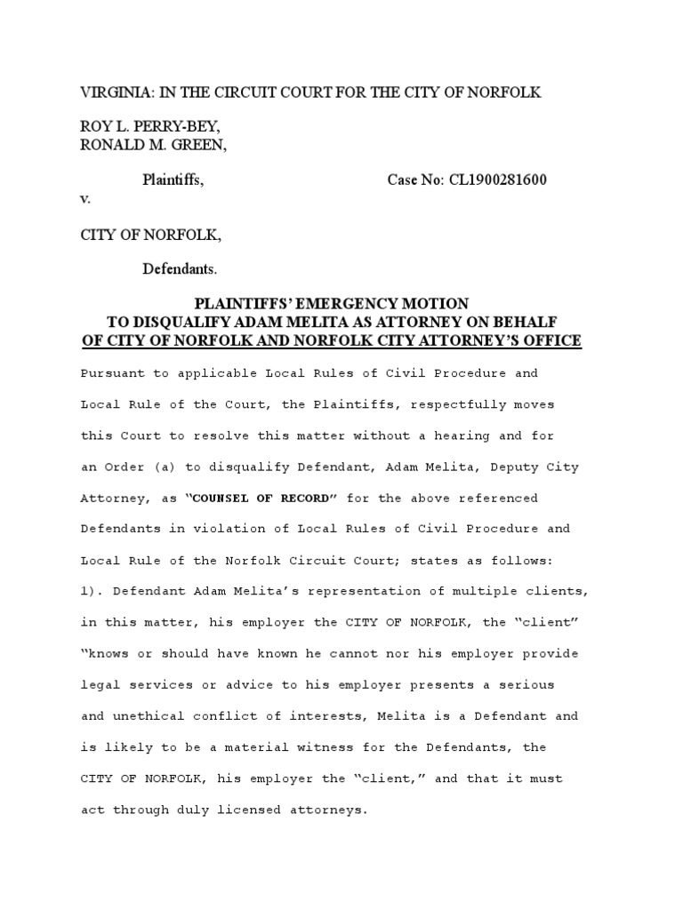 Emergency Motion to Disqualify Attorney | PDF | Lawyer | Practice Of Law