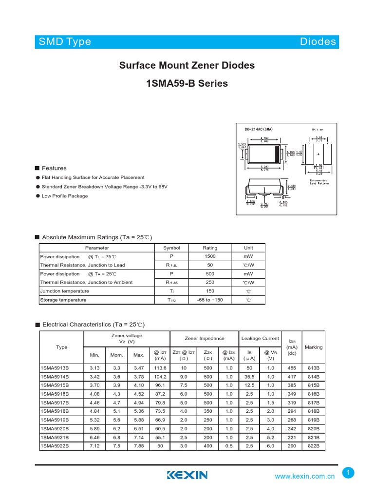 Surface Mount Zener Diodes Datasheet | PDF | Semiconductors | Electric ...
