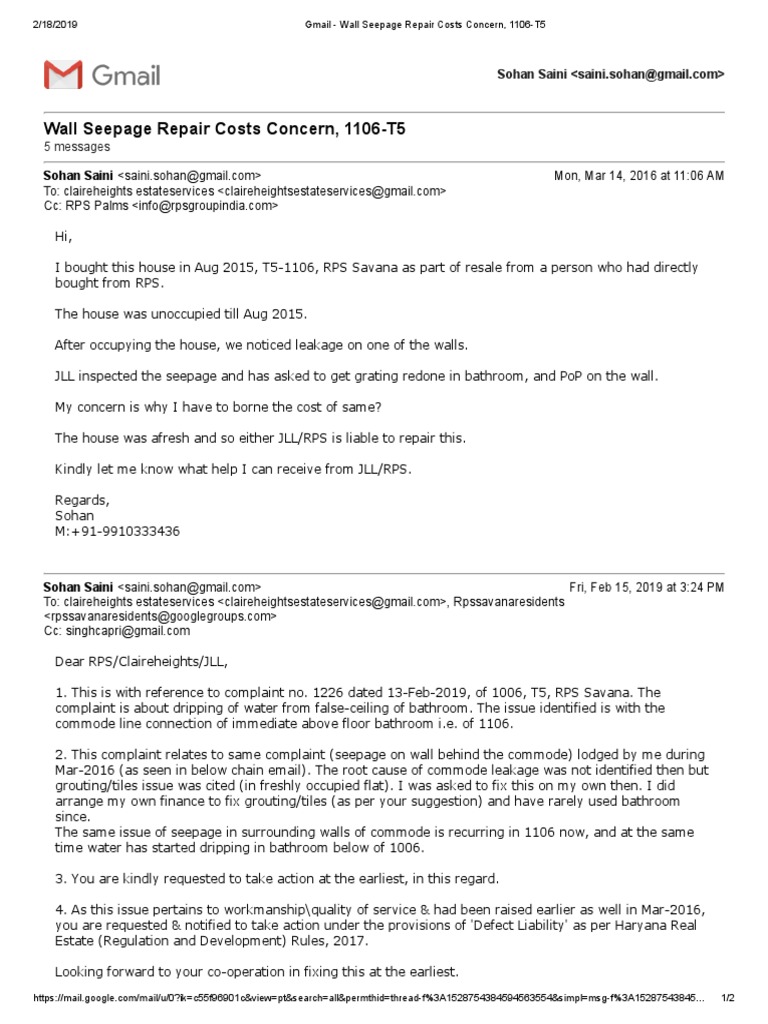 Wall Seepage Repair Cost Dispute Between Homeowner and Developer PDF