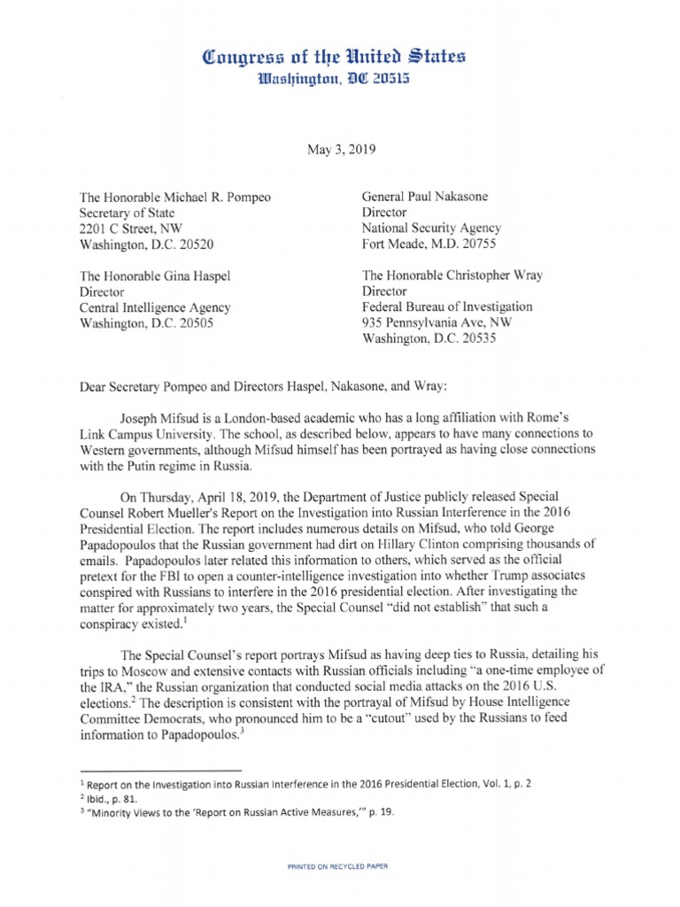 Nunes letter to CIA, FBI, NSA, and State Department