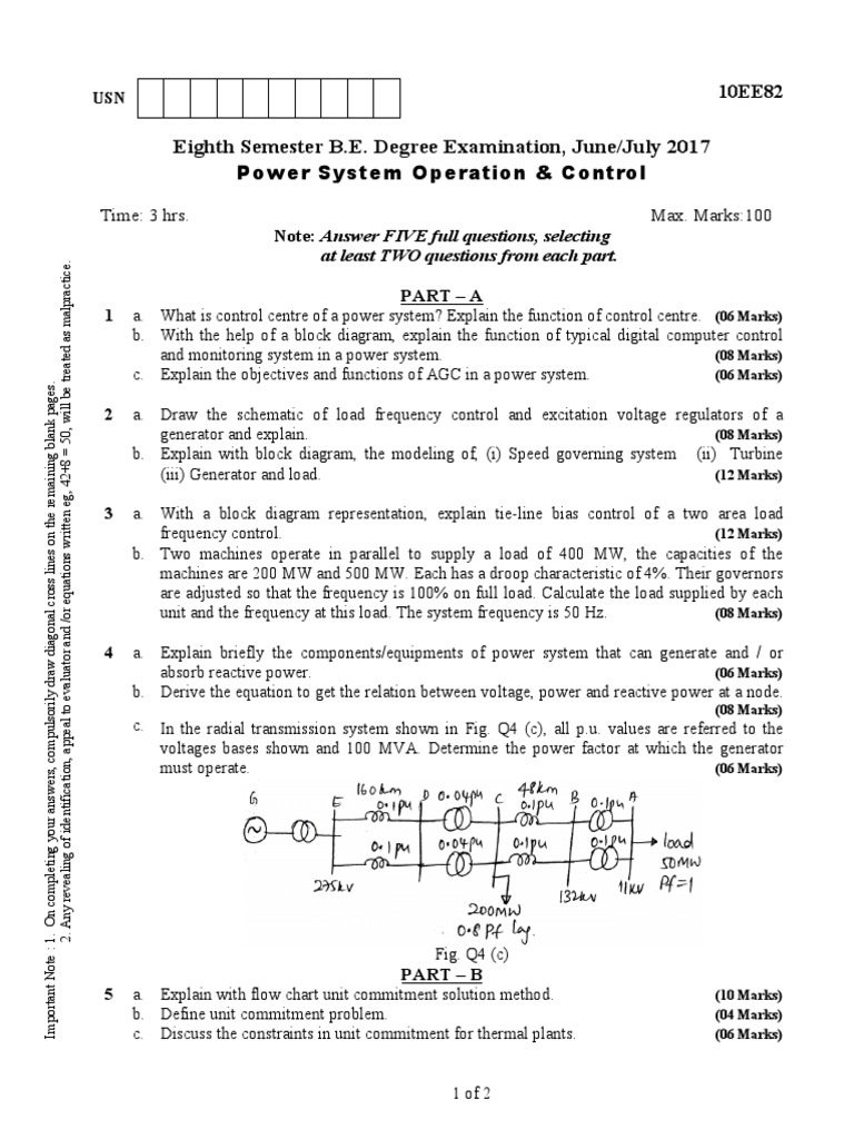 10EE82 Power System Operation & Control, June, July 2017 PDF