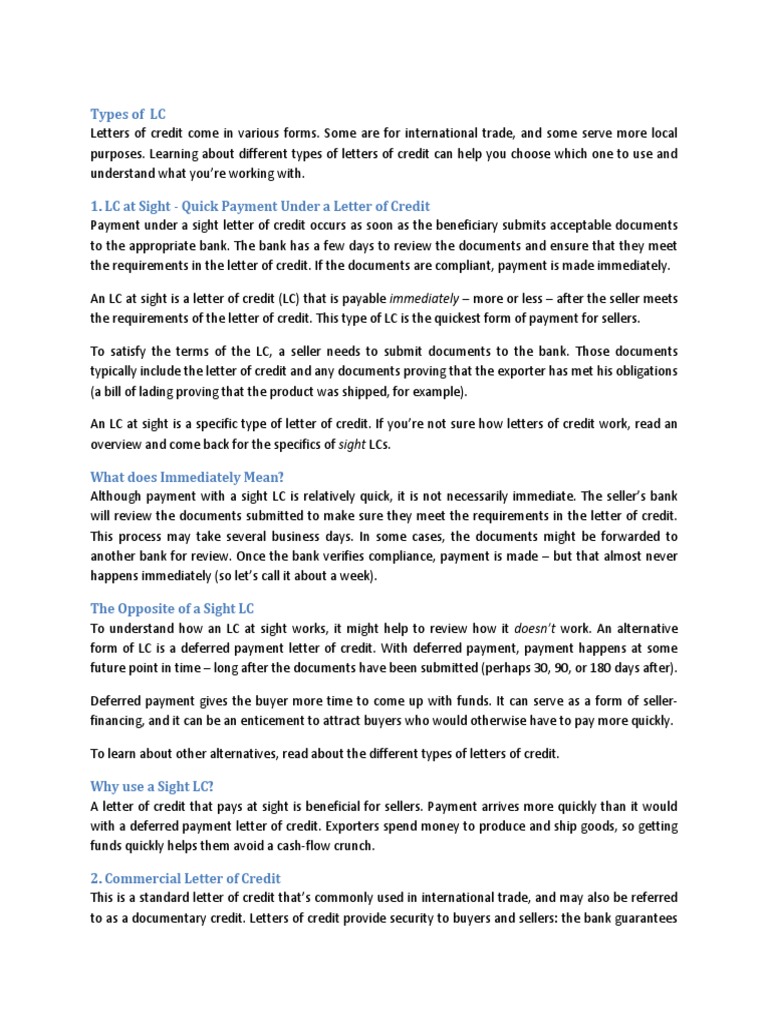 Types Of Letters Of Credit Letter