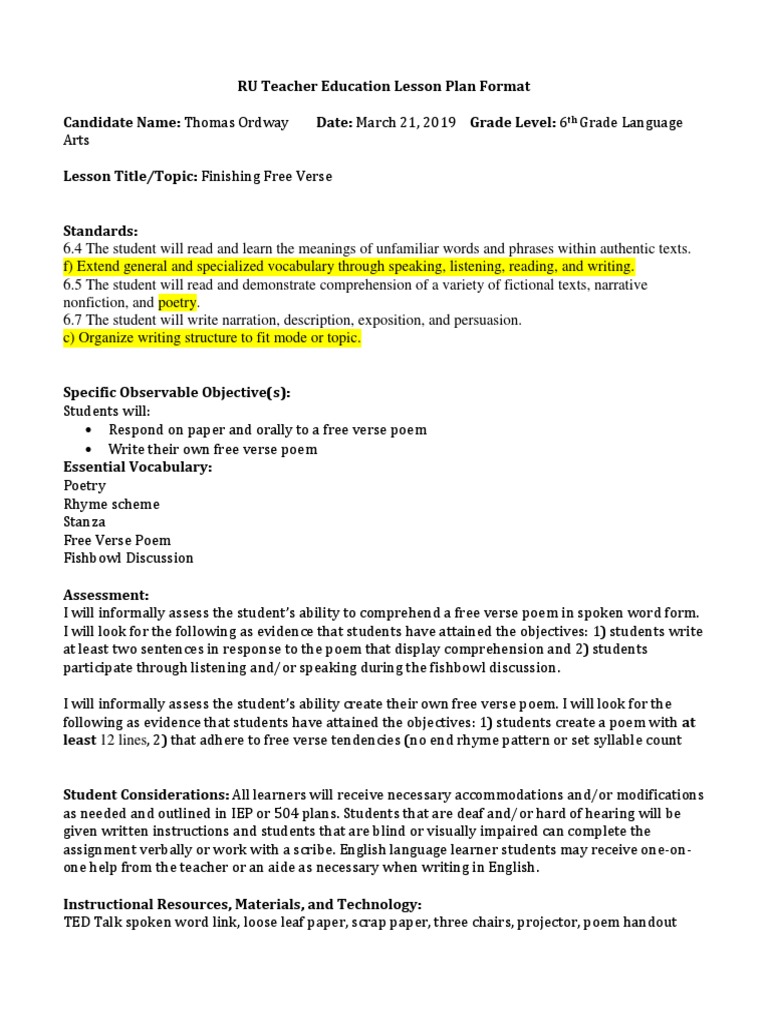 Poetry Lesson Plan-Free Verse 22  PDF  Reading Comprehension  Poetry
