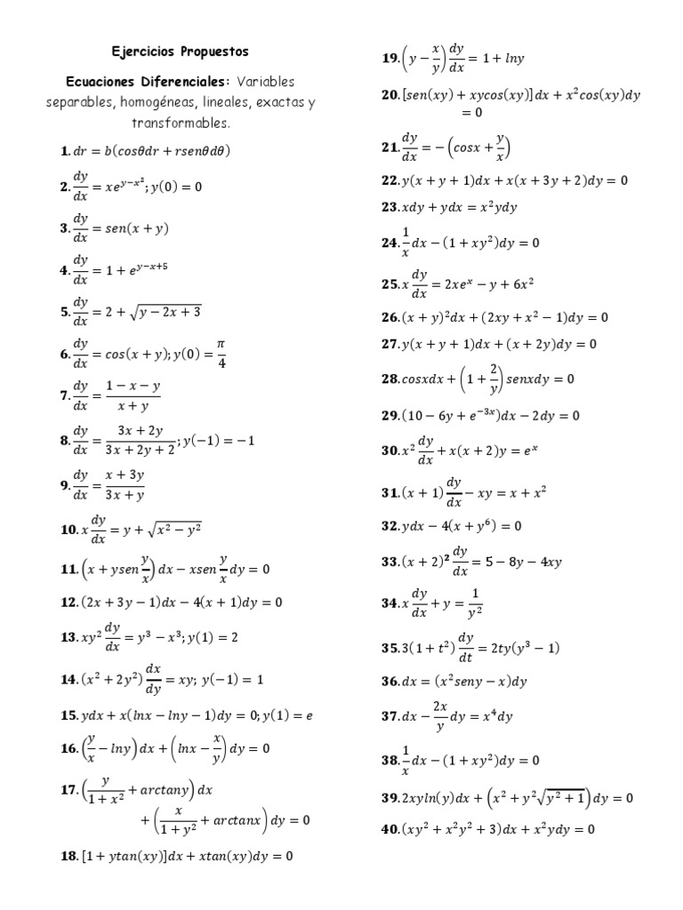 Ejercicios Propuestos Ecuaciones Diferenciales Primer Orden Differential Equations Equations