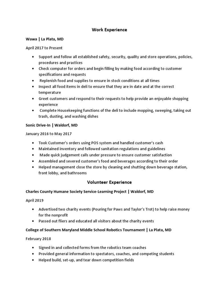 Work Experience Wawa La Plata, MD PDF Foods Business