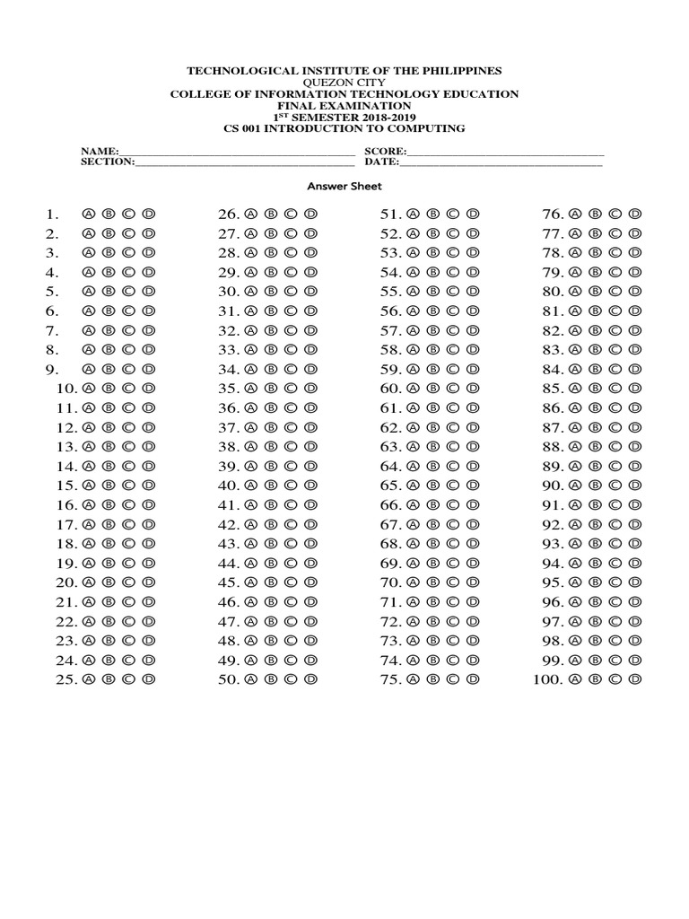 Final Exam Answer Sheet Template | PDF