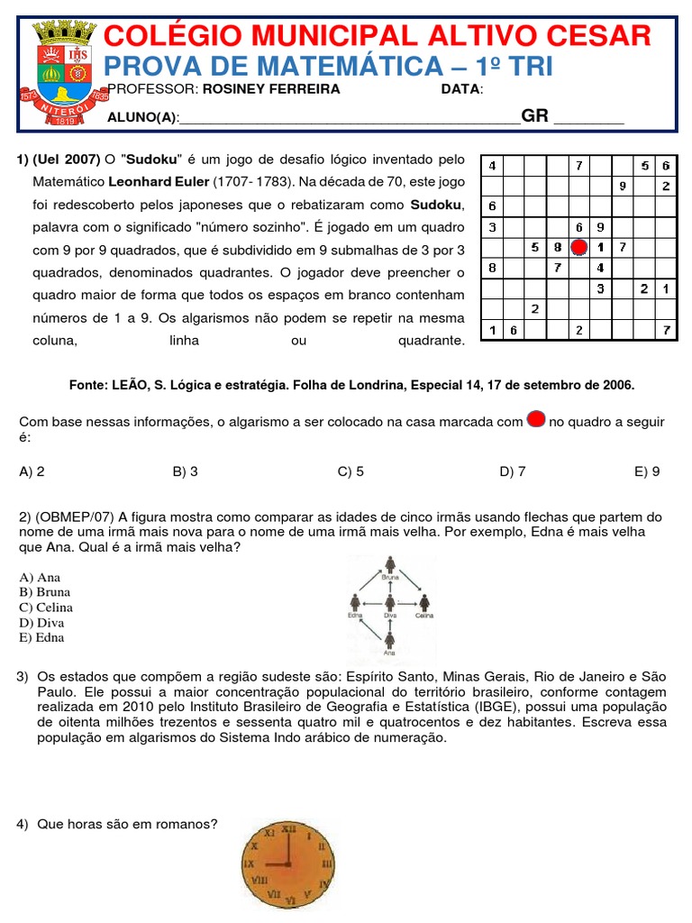 Prova De Matemática 6 Ano 3 Bimestre Com Gabarito