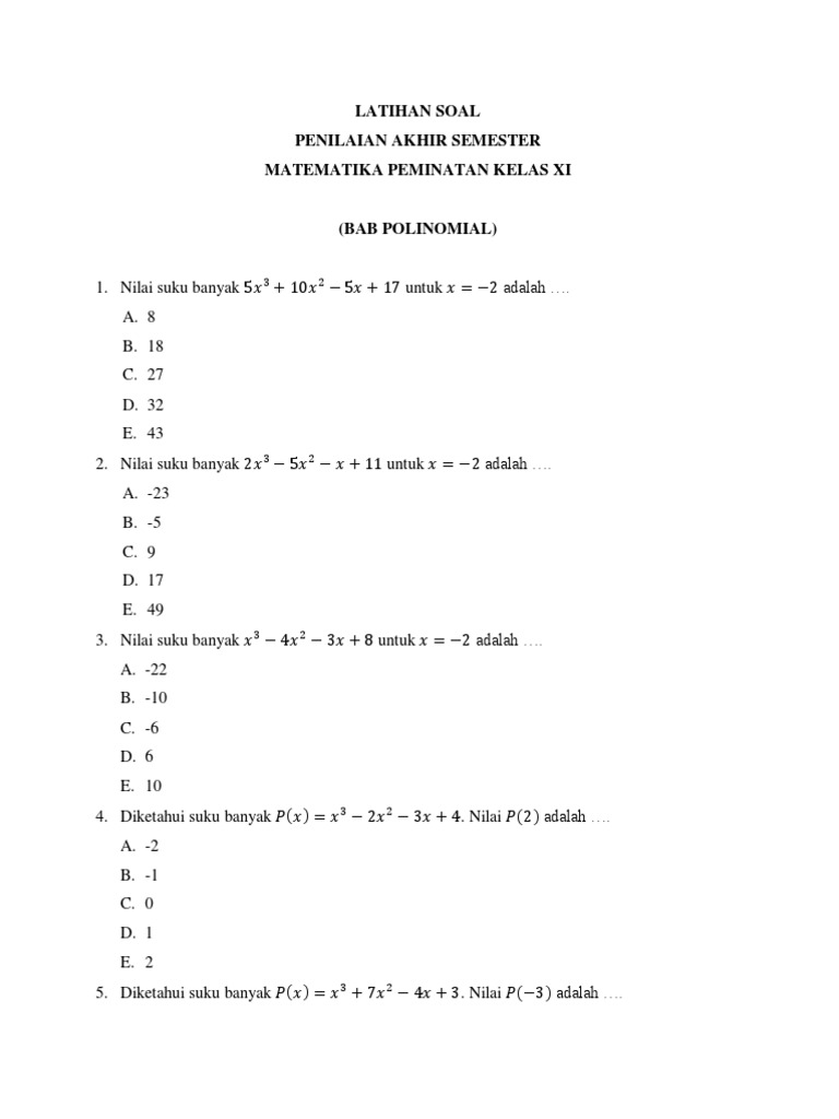 Latihan Soal Pat Kls Xi Polinomial Pdf