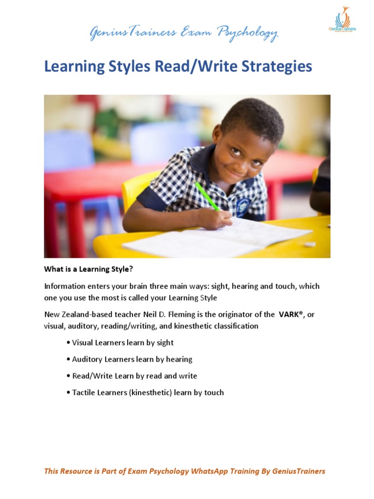 Learning Styles Read/Write Strategies: Geniustrainers Exam Psychology ...