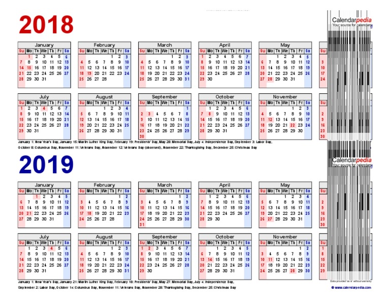 Two Year Calendar 2018 2019 Landscape 2 Rows | PDF | Secular Holidays ...