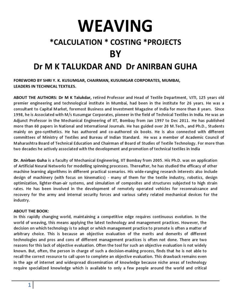 Weaving Calculation Costing Projects PDF Textiles Weaving