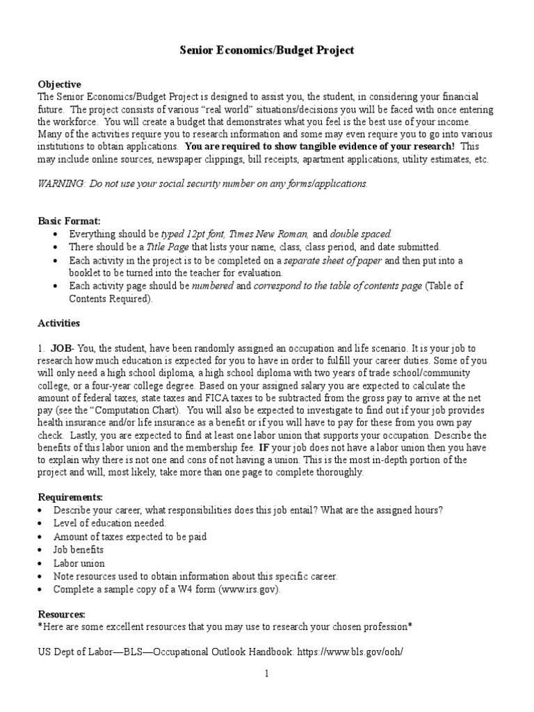 Senior Economics/Budget Project: Objective | PDF | Transaction Account ...