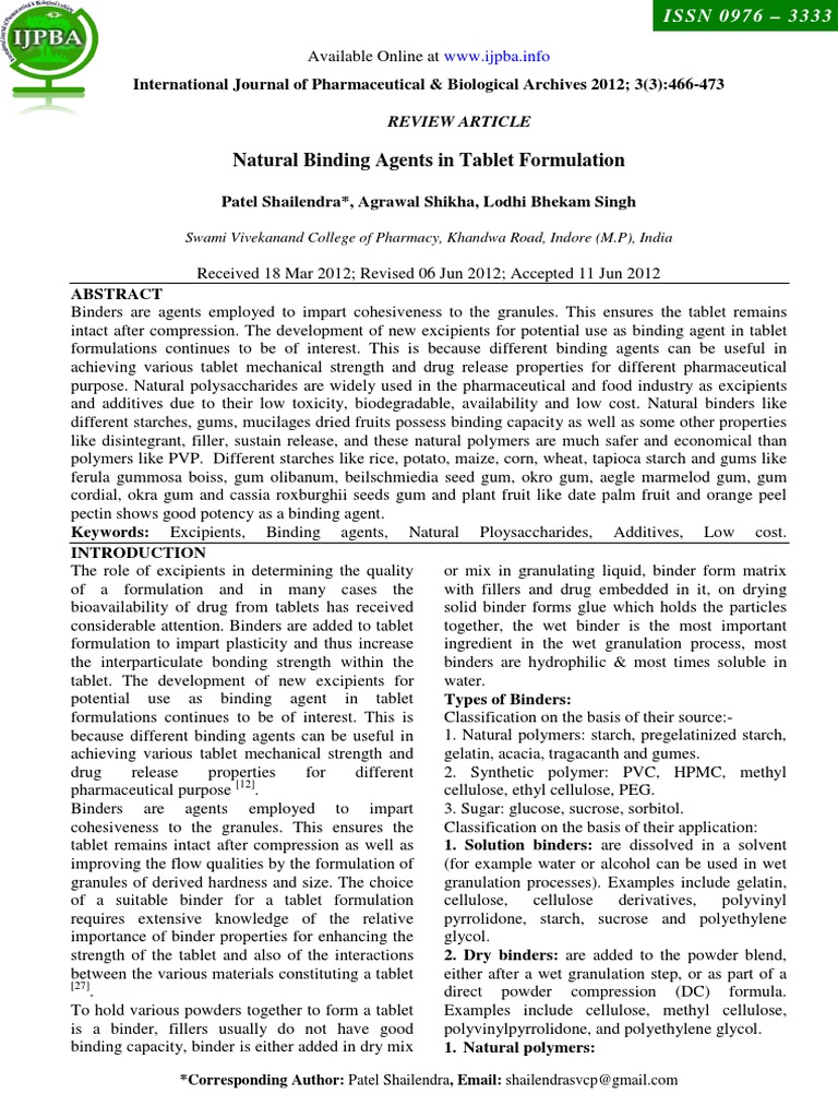 Natural Binding Agents in Tablet Formulation Available Online at PDF