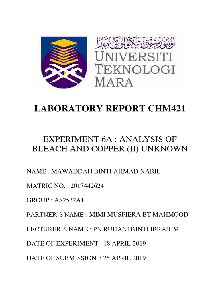 Laboratory Report Chm421 Experiment 6A Analysis of Bleach and Copper