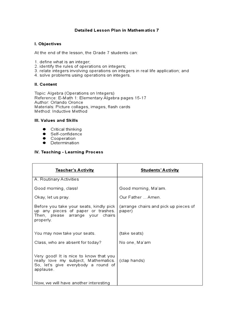 Inductive Lesson Plan on Integers | PDF | Integer | Division (Mathematics)
