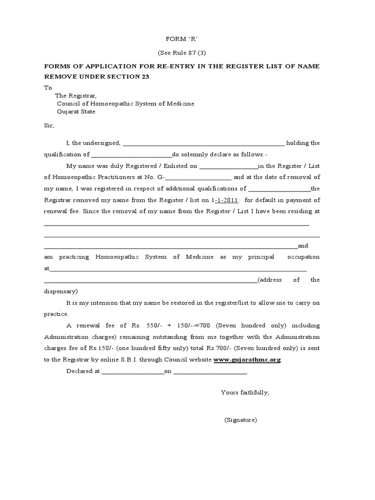 Forms of Application For Re-Entry in The Register List of Name Remove ...