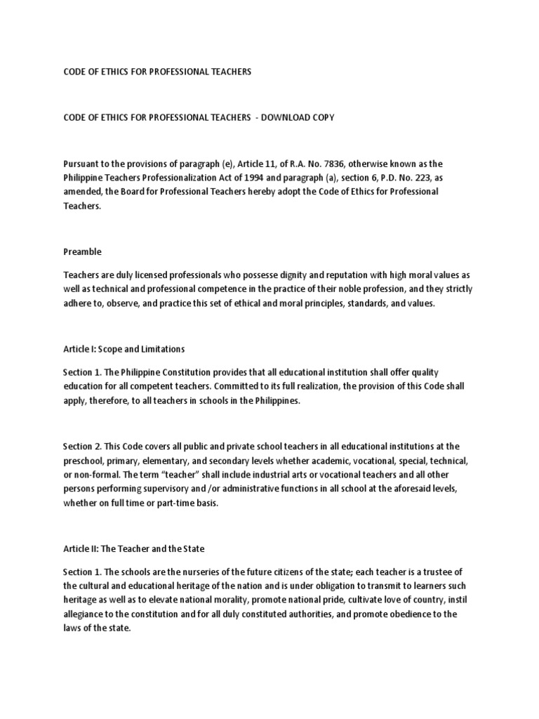 Code Of Ethics Pdf Profession Teachers