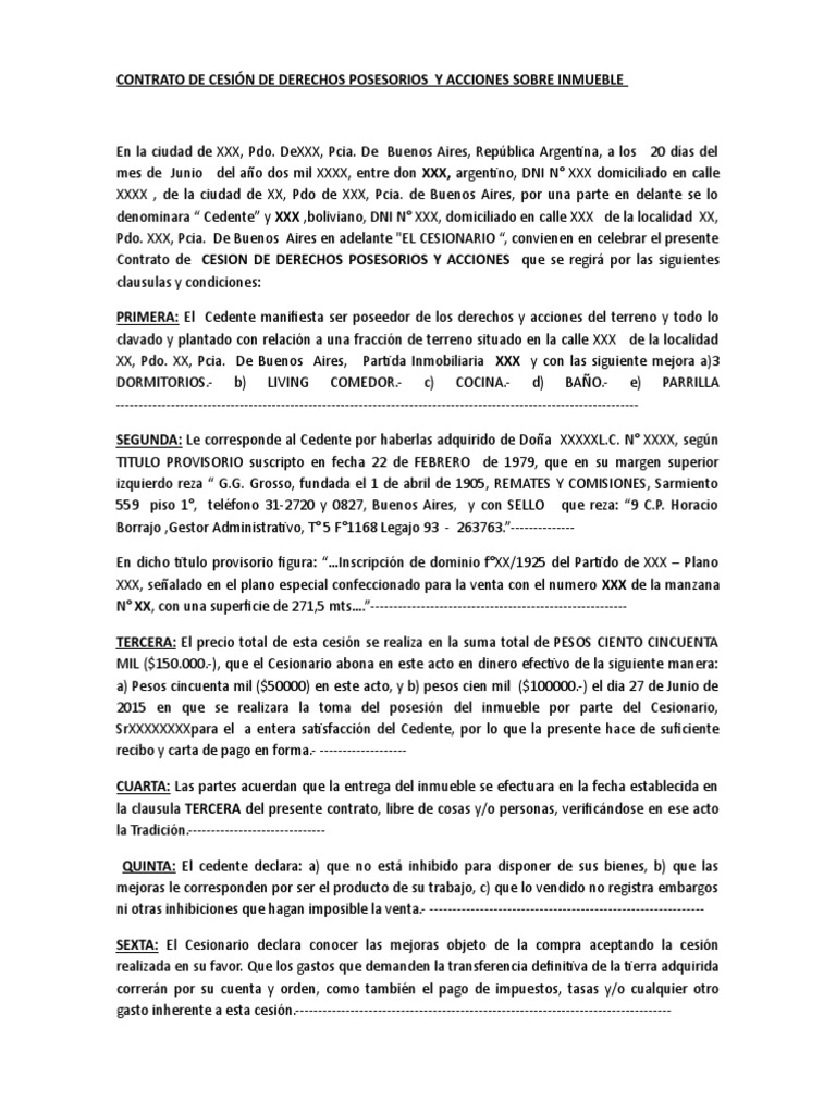 Contrato de Cesion de Derechos Posesorio | PDF | Posesión (Ley) |  Información del gobierno
