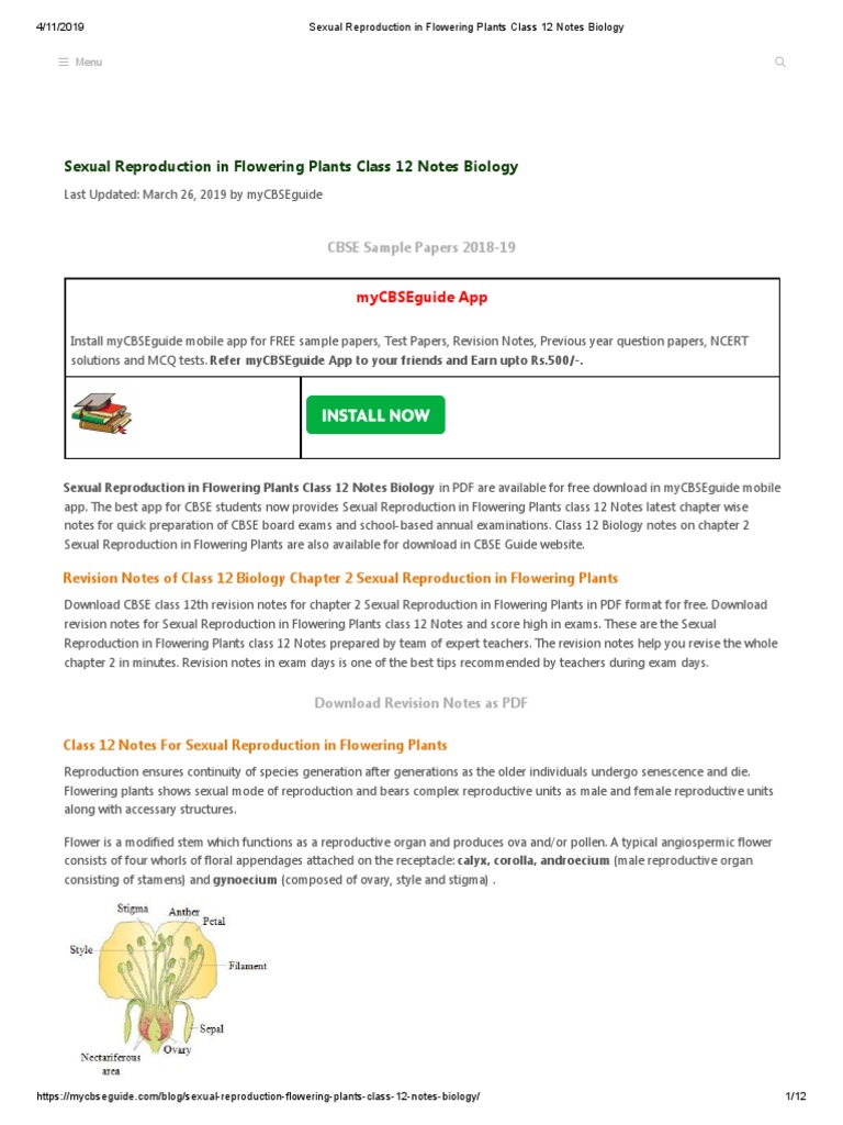 Sexual Reproduction in Flowering Plants Class 12 Notes Biology | PDF ...
