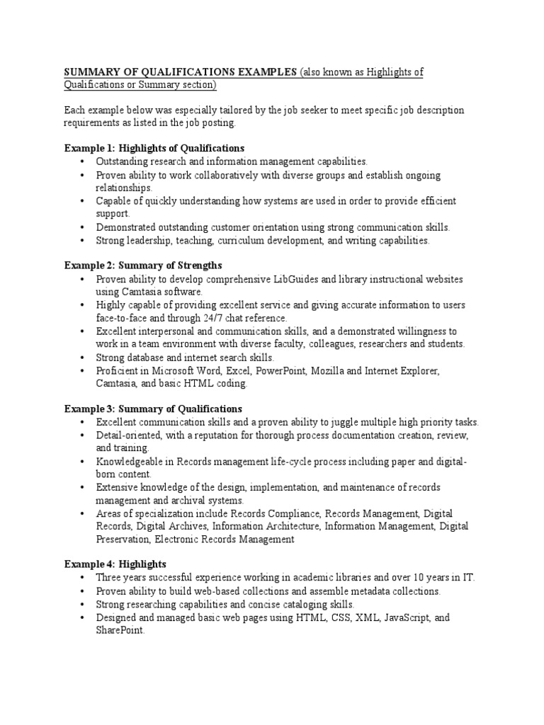Summary of qualifications examples 0 pdf pdf records management