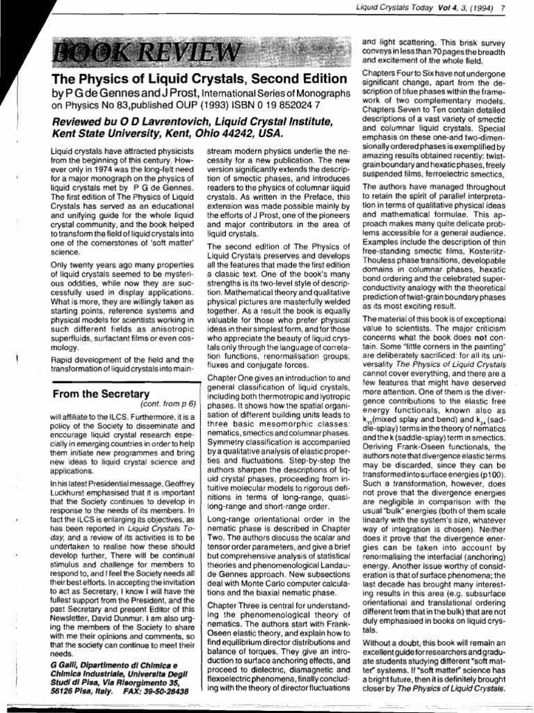 The Physics of Liquid Crystals, Second Edition by P G de Gennes and