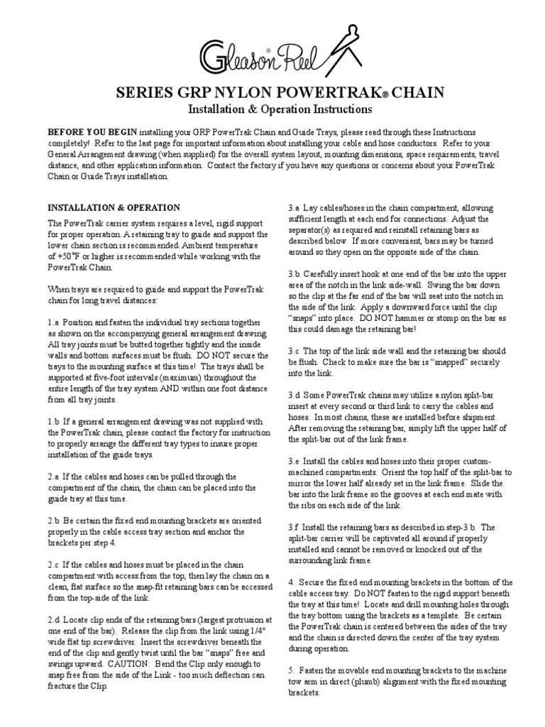 Series GRP Nylon Powertrak Chain: Installation & Operation Instructions ...