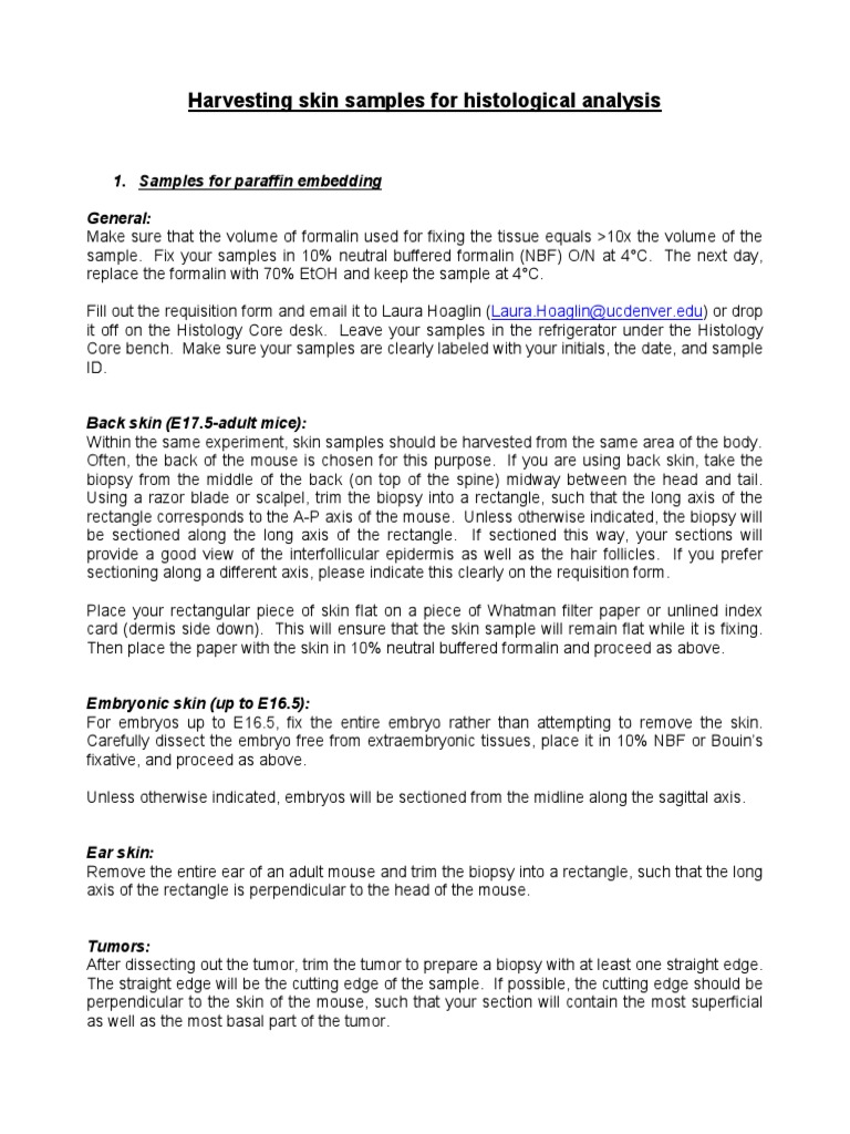 Skin Sample Harvesting Protocols | PDF | Skin | Histology