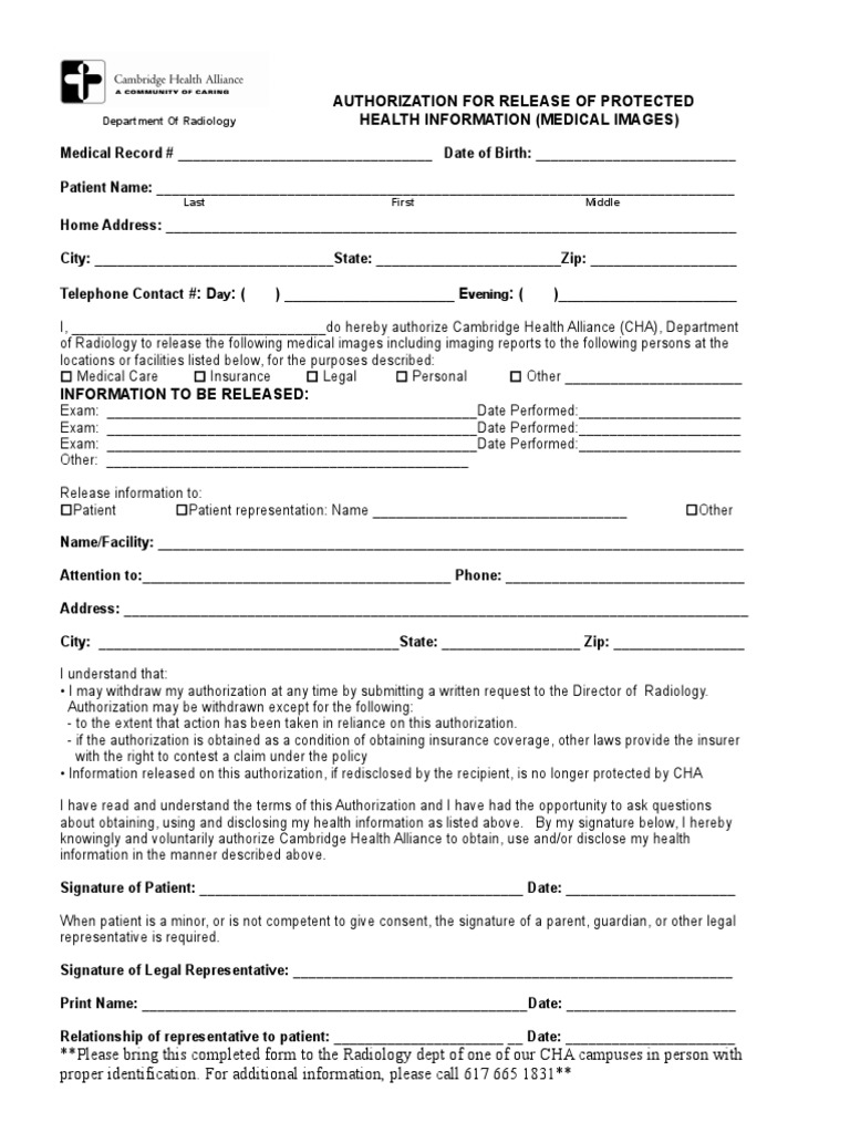 Medical Image Release Authorization Form | PDF | Medical Record ...