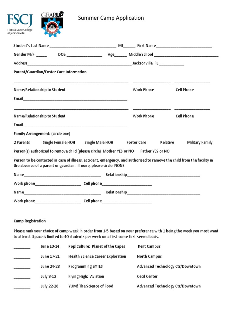 GEAR UP Summer Camp Application 2019 Final | PDF | Physician | Parent