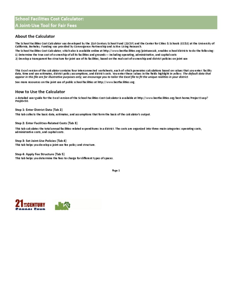 School Facilities Cost Calculator A JointUse Tool For Fair Fees PDF