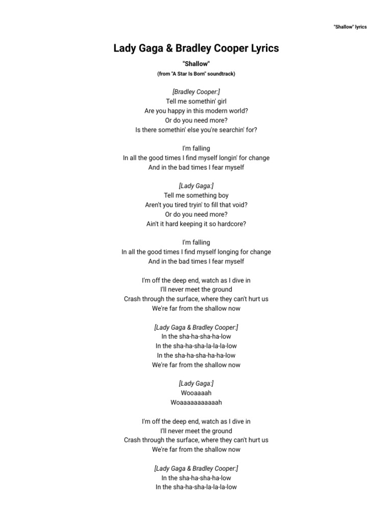 Lady Gaga Bradley Cooper Shallow Lyrics Azlyrics Pdf