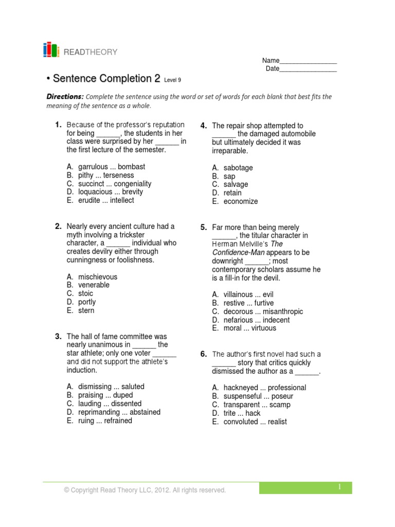 Level 9 Sentence Completion 1 Reserved Word Word