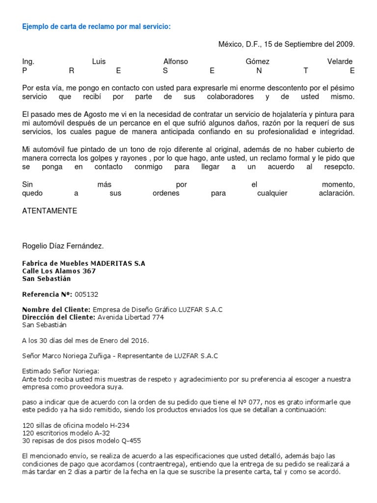 Ejemplo de carta de reclamo por mal servicio | PDF