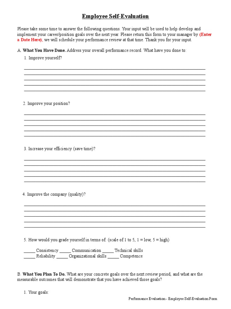 Template People Form Employee Self Evaluation | PDF | Performance Appraisal | Organizational Behavior for Free Employee Self Evaluation Forms Printable