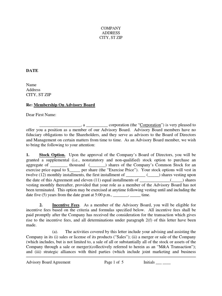 Advisory Board Membership Agreement PDF Board Of Directors Stocks