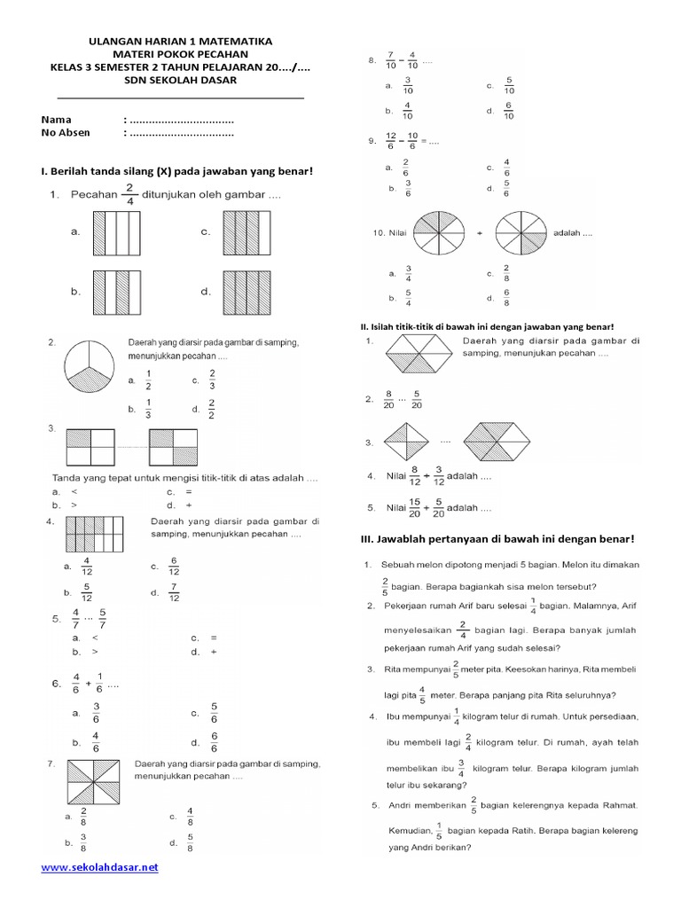 332481117 Soal Matematika Kelas 3 Semester 2 Pecahan Pdf Pdf