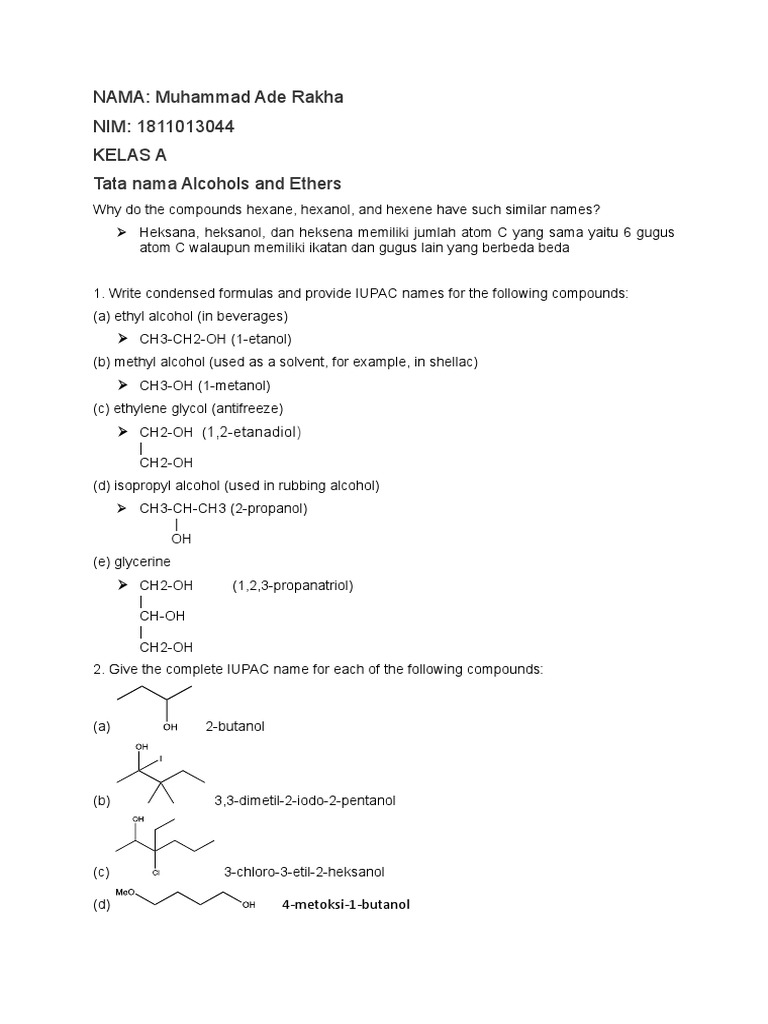 Tata Nama Alcohols And Ethers Organic Chemistry Chemistry