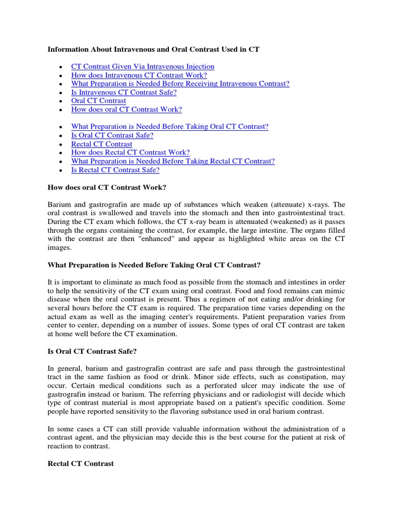 CT Contrast: Oral, Rectal, and IV Guide | PDF | Rectum | Ct Scan