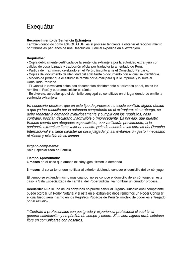 Proceso de Exequátur en Perú | PDF | Sentencia (ley) | Demanda judicial