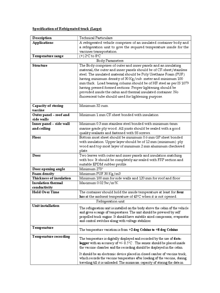 Refrigerated Truck Specifications PDF Thermal Insulation Truck