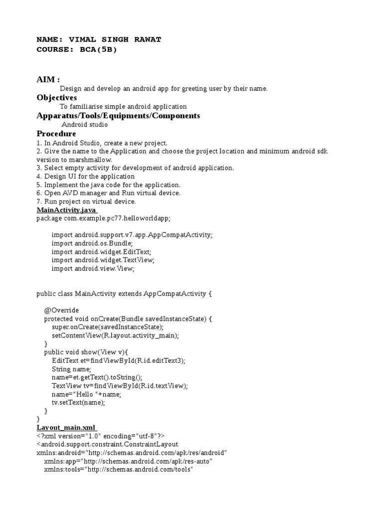 Name: Vimal Singh Rawat Course: Bca (5B) : Mainactivity - Java | PDF ...