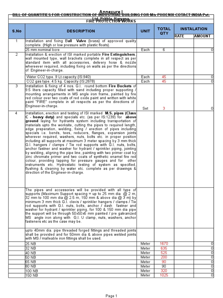 Fire Protection Works Bill of Quantities | PDF | Pipe (Fluid Conveyance ...