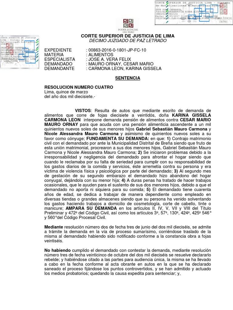 Sentencia Proceso Sumarisimo | PDF | Manutención de los hijos