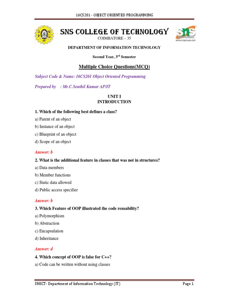 Oops Mcq Unit 1 Class Puter Programming Method Puter Programming