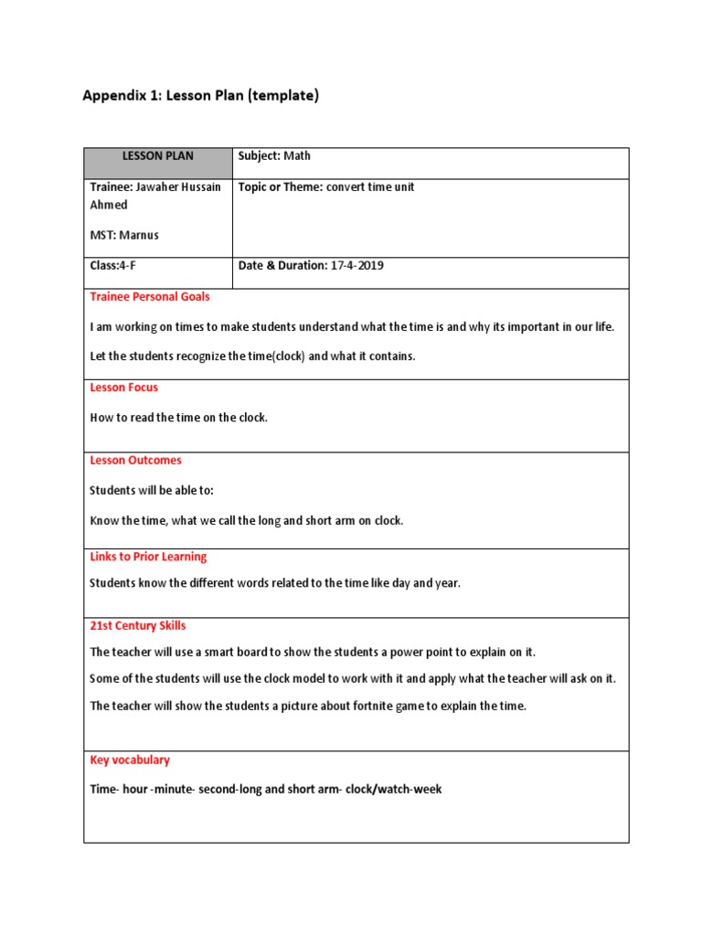 Lesson Plan Time PDF Lesson Plan Pedagogy