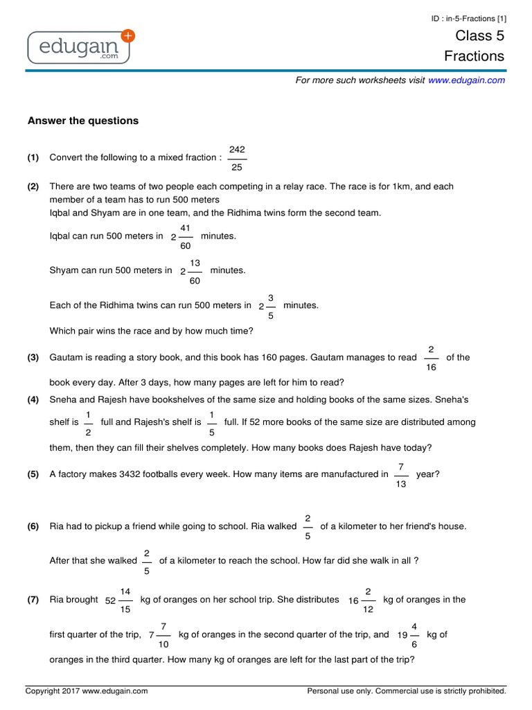 Grade 5 Fractions in PDF Fraction (Mathematics) Teaching Mathematics