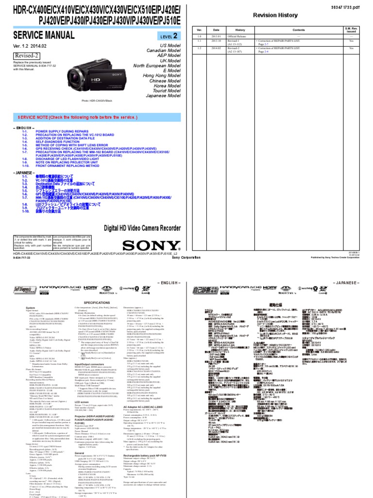 Hdr Cx400e Cx410ve Cx430v Cx430ve Cx510e Pj4e Video Hdmi