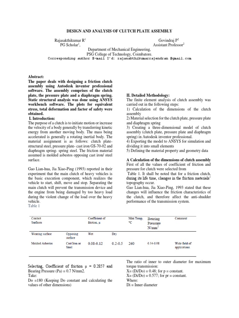 Design and Analysis of Clutch Plate Assembly | PDF | Clutch | Stress ...